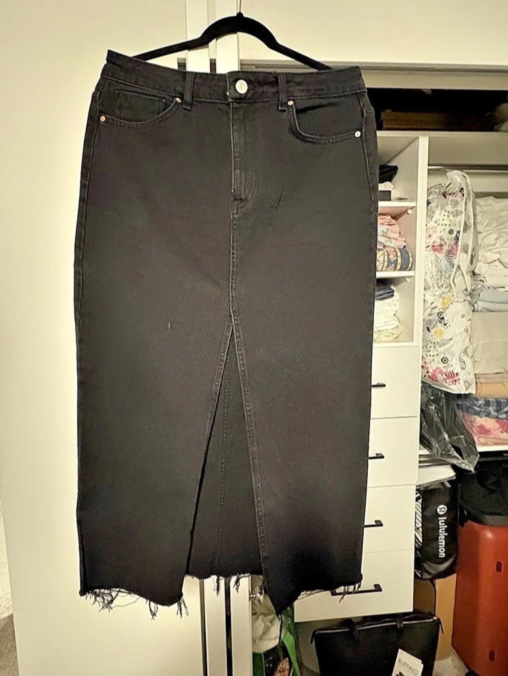 Stradivarius Denim Midi Skirt with Front Split Black US 10